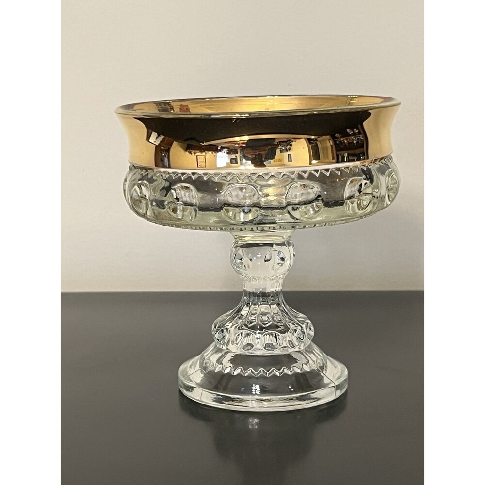 Gold Rim Indiana Glass Kings Crown Thumbprint Pedestal Compote/Candy Dish